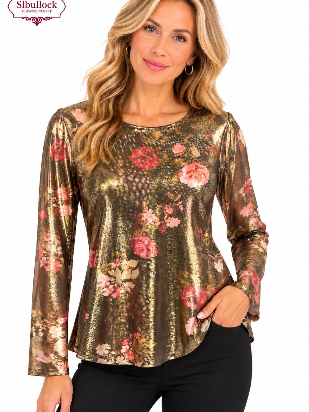 B47 Ted Baker London S Metallic Floral Semi-Sheer Sleeve Blouse NWOT